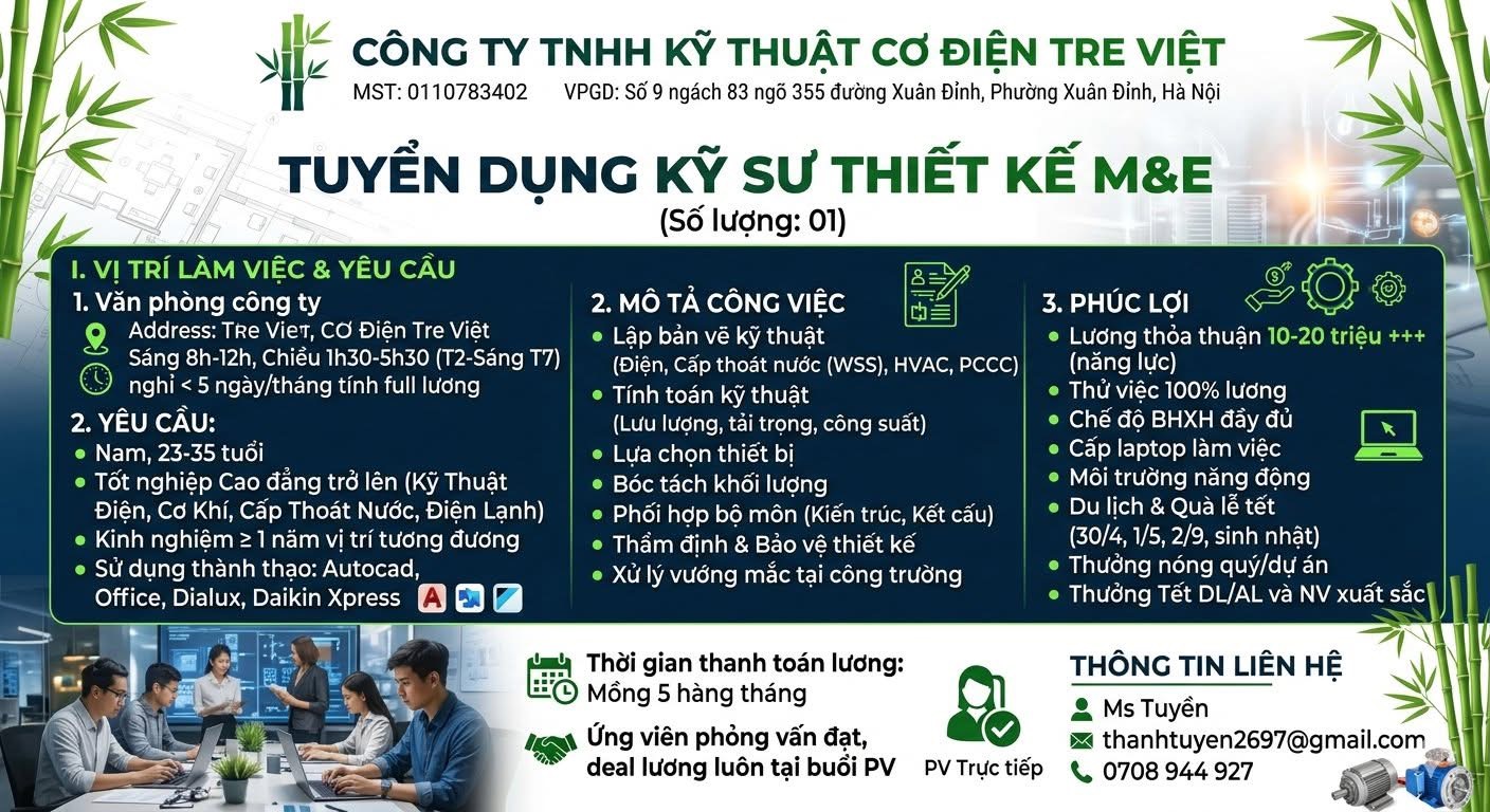 công ty TNHH kỹ thuật cơ điện tre việt
công ty chuyên thi công hạng mục cơ điện, như điều hoà, ống gió... image