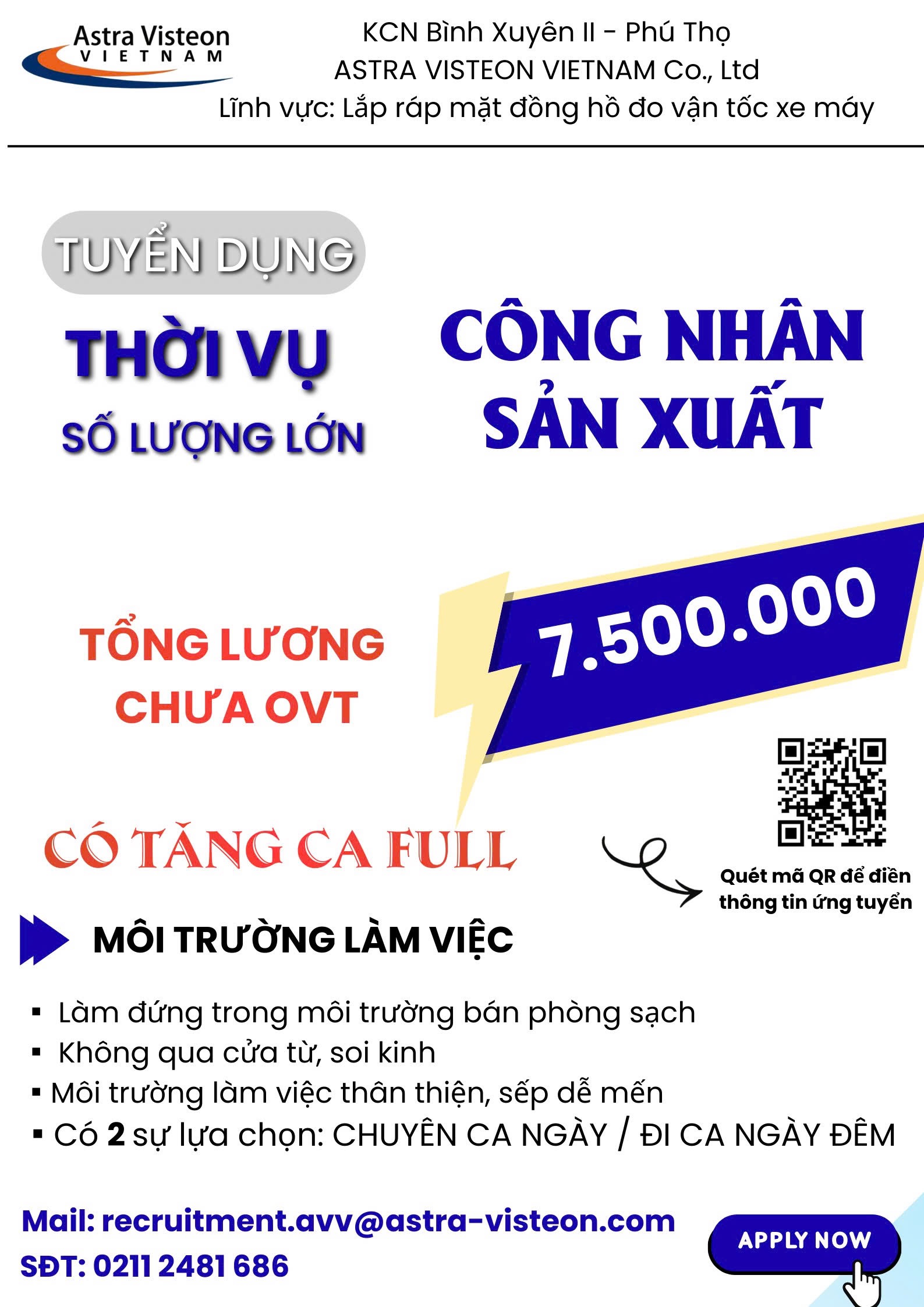 công ty TNHH astra visteon việt nam
công ty có 100% vốn indonexia.
chuyên sản xuất đồng hồ đo tốc độ xe máy image