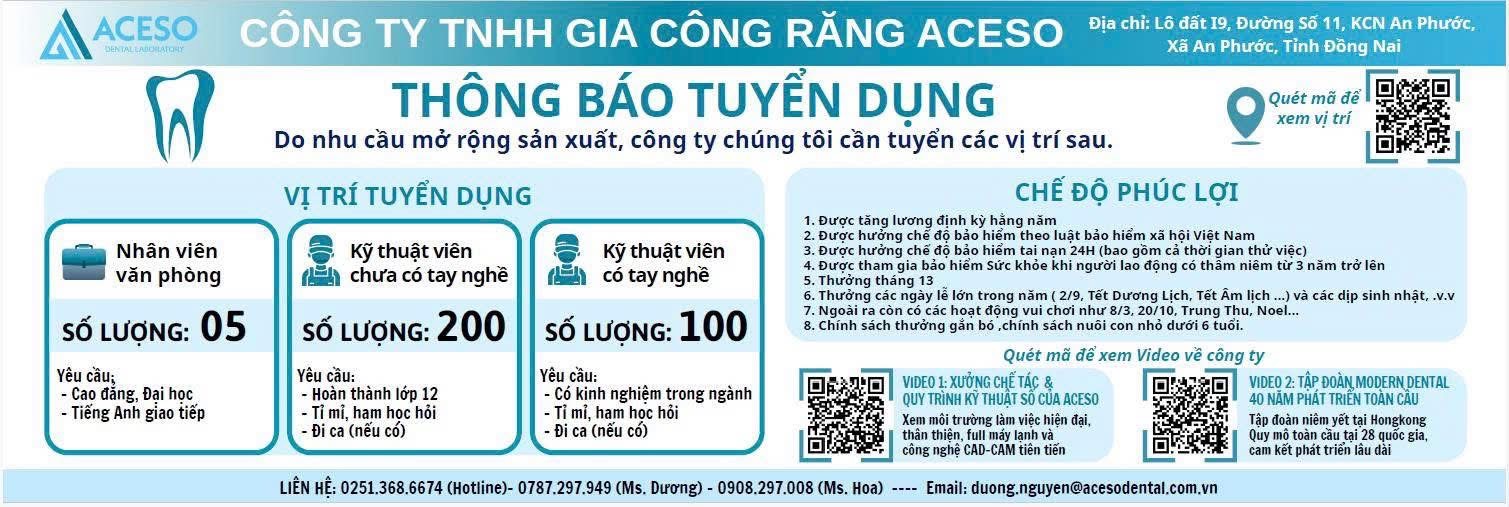 công ty TNHH gia công răng aceso
công ty có 100% vốn nước ngoài
chuyên sản xuất thiết bị về răng image