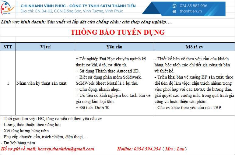 công ty TNHH sản xuất thương mại thành tiến, chi nhánh vĩnh phúc hình ảnh tuyển dụng