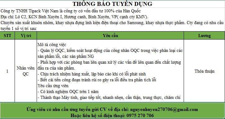 công ty TNHH tipack việt nam.
công ty có 100% vốn hàn quốc.
chuyên sản xuất khung nhôm, khay nhựa đựng linh kiện điện tử image