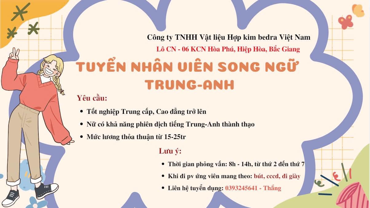 công ty TNHH vật liệu hợp kim  bedra việt nam.
công ty có 100% vốn nước ngoài.
chuyên sản xuất hợp kim đặc chủng dùng trong lĩnh vực vũ trụ, o tô, tàu thuỷ image