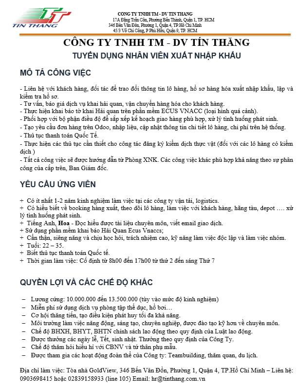 công ty TNHH TM-DV tín thăng hình ảnh tuyển dụng