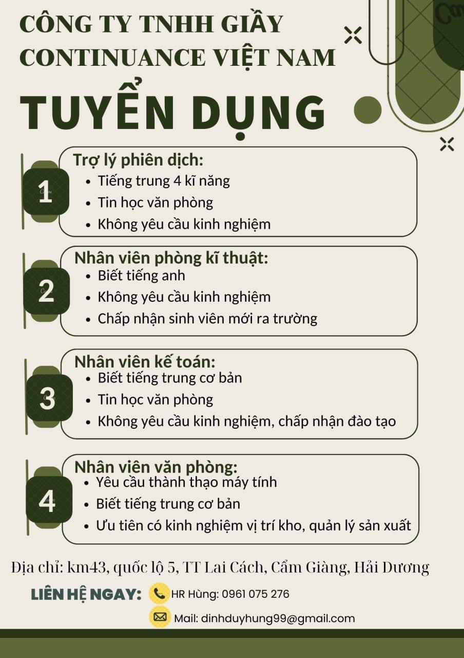 công ti TNHH giầy  continuace việt nam.
là công ti có 100% vốn đài loan.
chuyên sản xuất giầy. image