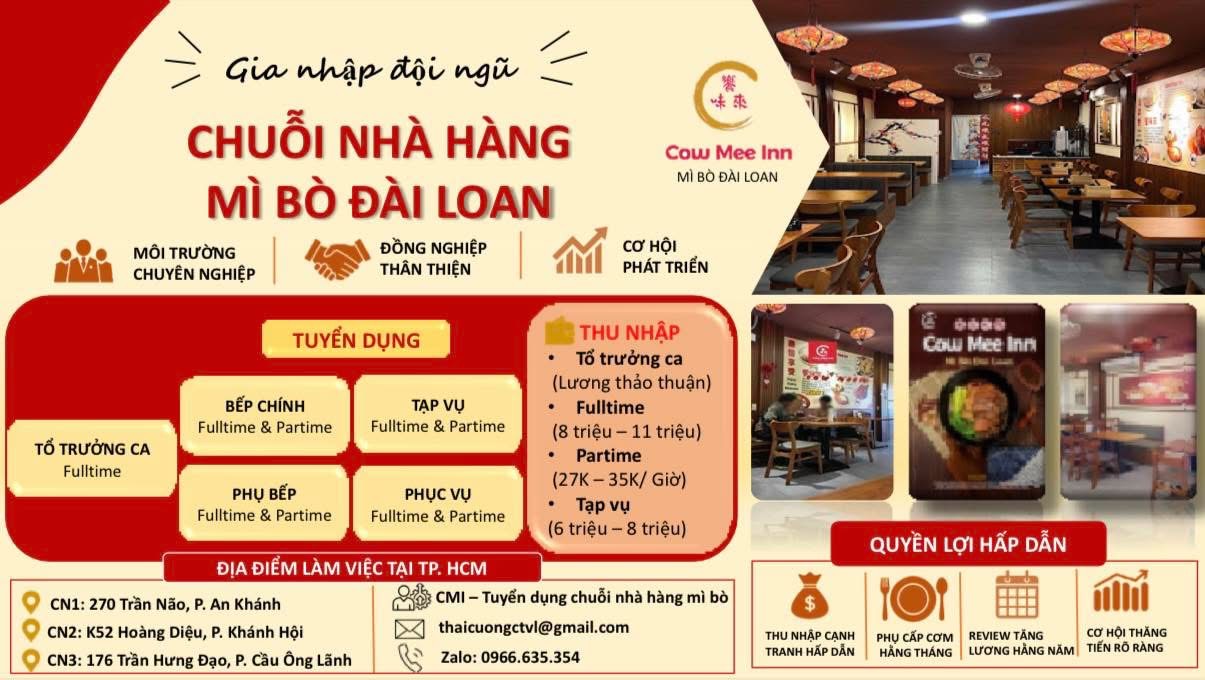chuỗi nhà hàng mỹ bò đài loan hình ảnh tuyển dụng