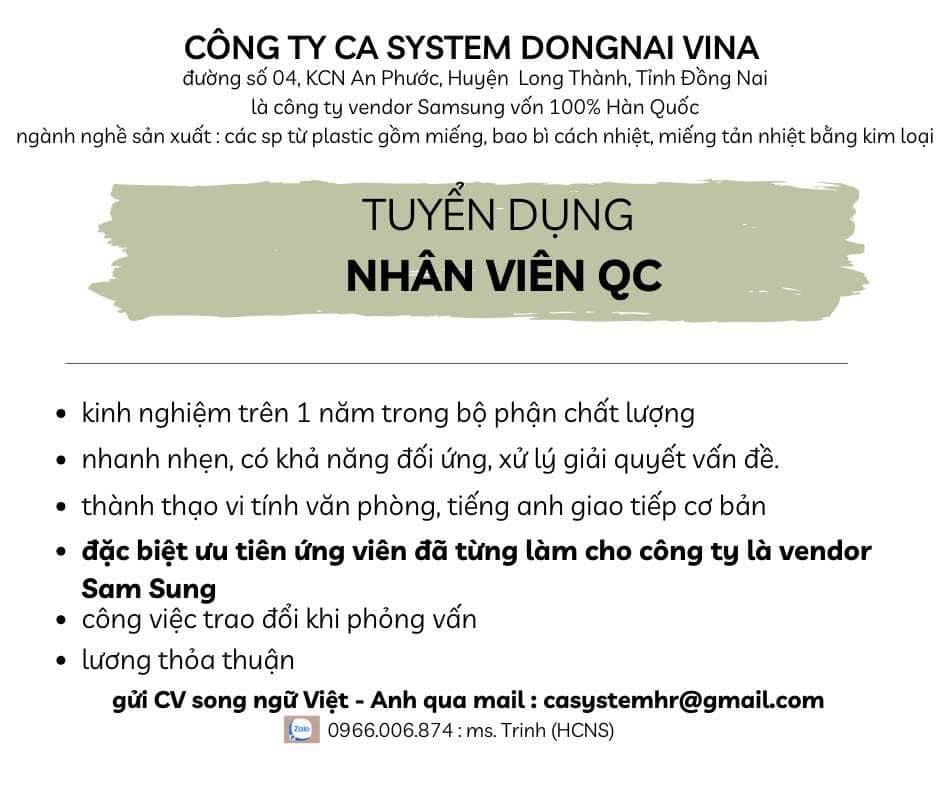 công ty TNHH ca system dongnai vina
công ty có 100% vốn hàn quốc
chuyên sản xuất các sản phẩm từ platics gồm miếng bao bì cách nhiệt, miếng tản nhiệt image