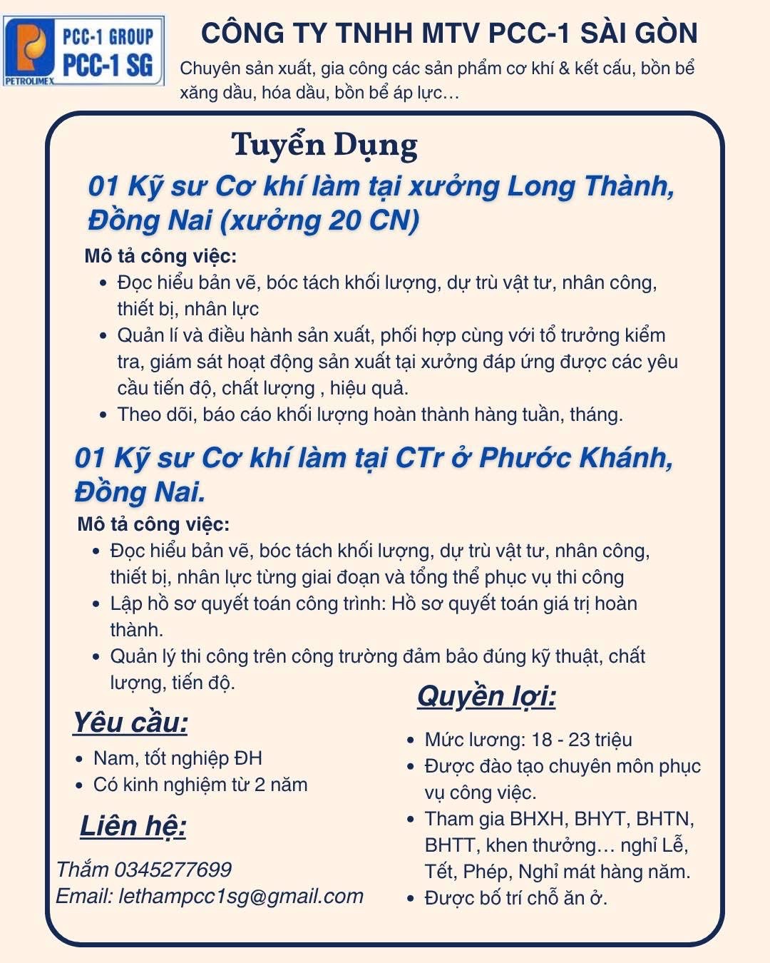 công ty TNHH mtv pccc1 sài gòn
công ty chuyên sản xuất gia công các sản phẩm cơ khí, kết cấu bồn bể xăng dầu image