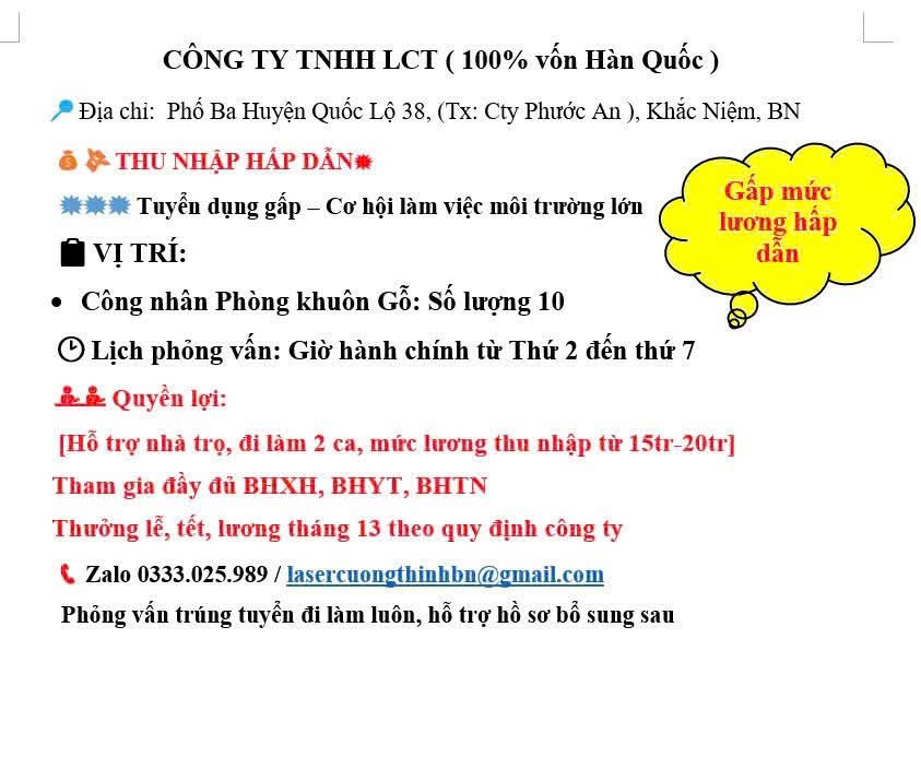 công ty TNHH lct 
công ty có 100% vốn hàn quốc.
chuyên sản xuất dao cnc, dao pvc, khuôn, gá.. image
