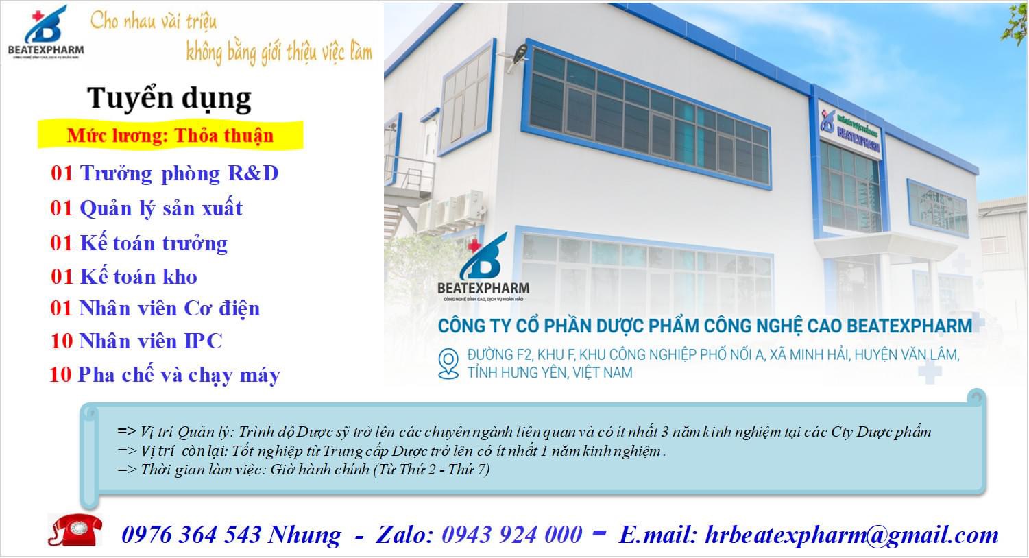 công ty cổ phần dược phẩm công nghệ cao beatexpharm
công ty  chuyên sản xuất thuốc, dược phẩm, hoá dược.
 image