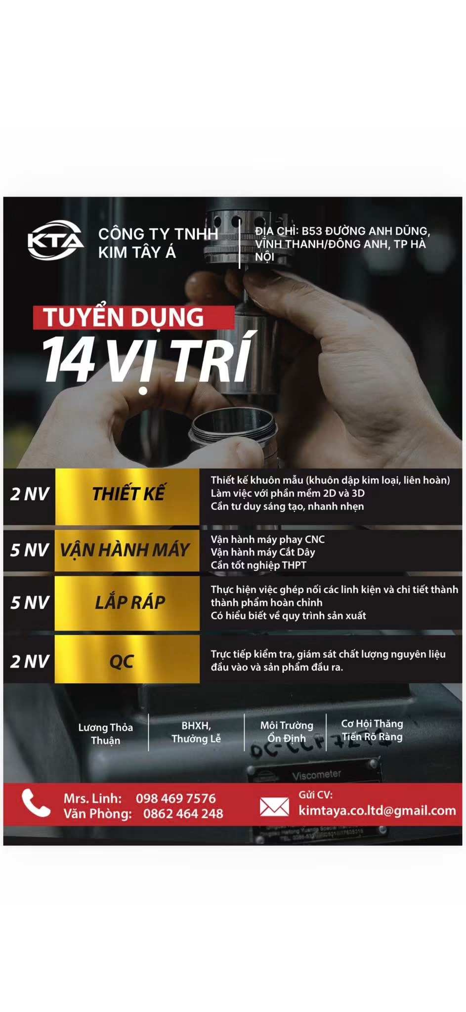 công ty TNHH kim tây á
công ty chuyên gia công cơ khí chính xác, kết hợp giữa công nghiệp và công nghệ image