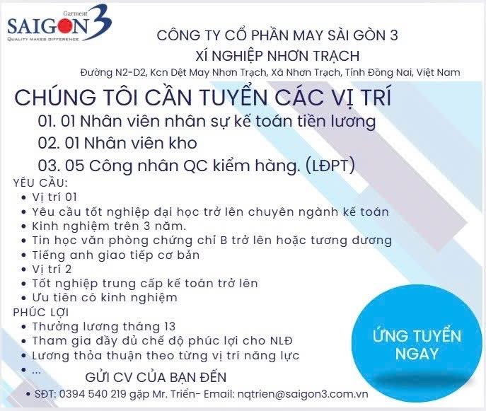 công ty cổ phần may sài gòn 3 hình ảnh tuyển dụng