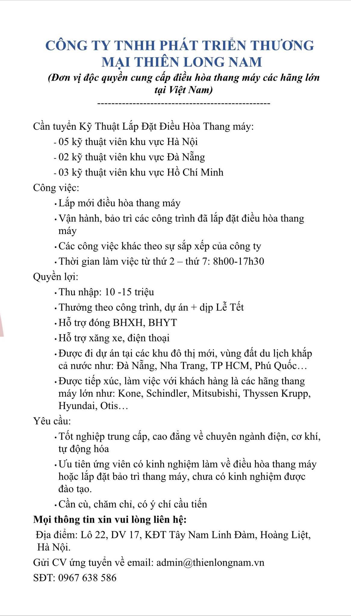 công ty TNHH phát triển thương mại thiên long nam
công ty chuyên lắp đặt, bảo dưỡng thang máy.
 image