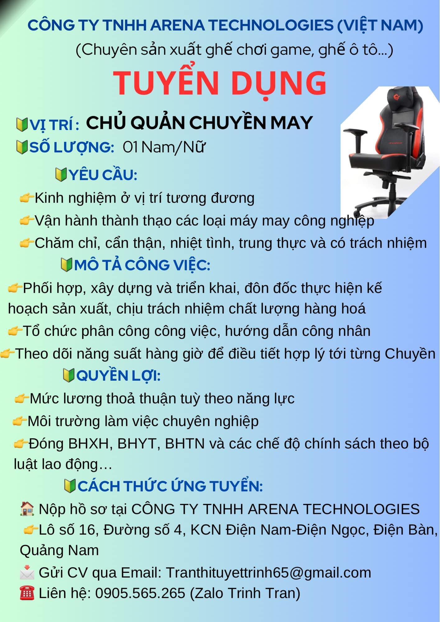 công ty TNHH arena technologies việt nam
công ty chuyên sản xuất ghế chơi game, ghế ô tô.
 image