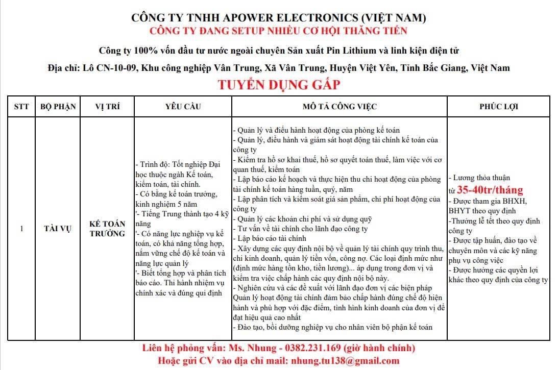 công ty TNHH apower electronics việt nam
công ty có 100% vốn nước ngoài.
chuyên sản xuất pin lithium và linh kiện điện tử image