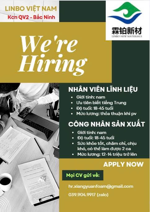 công ty TNHH kỹ thuật vật liệu mới linbo việt nam
công ty có 100% vốn trung quốc
chuyên sản xuất tấm xốp, nhựa trần..
 image