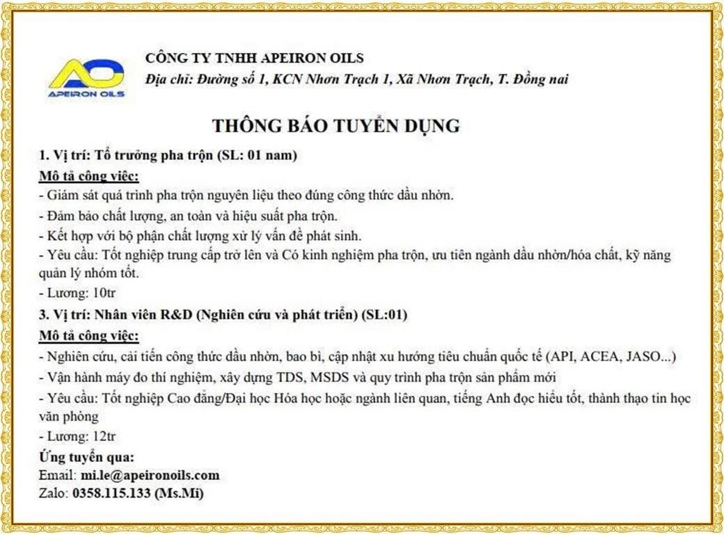 công ty TNHH apeiron oils
công ty chuyên sản xuất đóng gói sản phẩm dầu nhờn. image