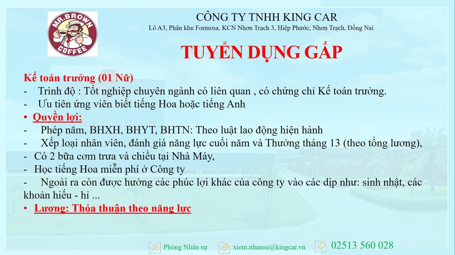 công ty TNHH king car.
công ty có 100% vốn đài loan.
chuyên sản xuất thức ăn chăn nuôi. image