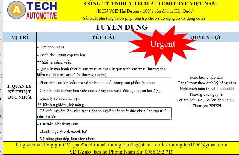 công ty TNHH a-tech automotive việt nam hình ảnh tuyển dụng