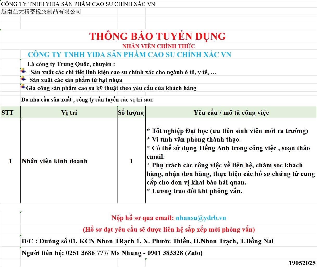 công ty TNHH yida sản phẩm cao su chính xác vn
công ty có 100% vốn trung quốc.
chuyên sản xuất cao su chính xác cho ngành ô tô
 image