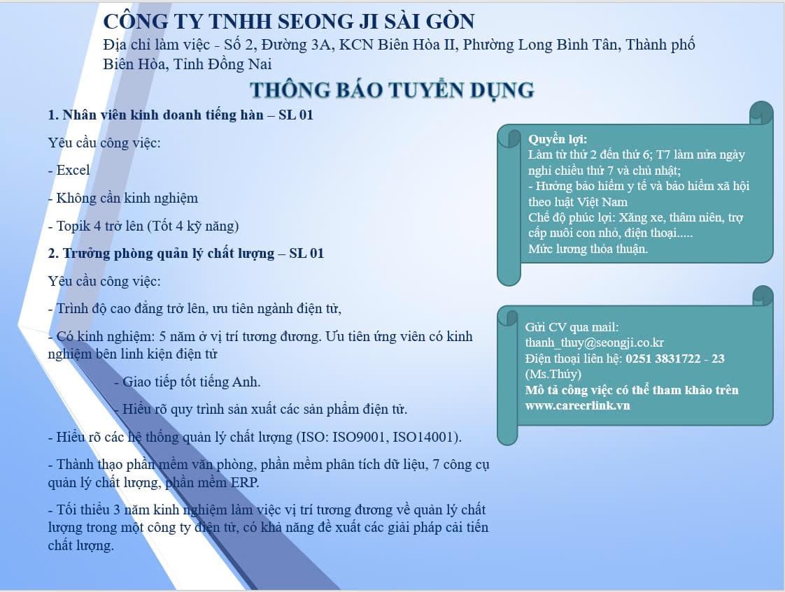 công ty TNHH seong ji sài gòn
công ty có 100% vốn hàn quốc
chuyên sản xuất linh kiện điện tử
 image