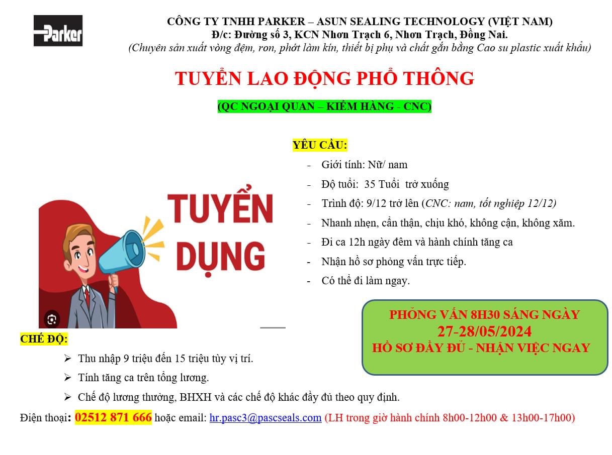 công ty TNHH parker-asun sealing technology việt nam
công ty chuyên sản xuất vòng đệm, thiết bị phụ và chất gắn bằng cao su. image