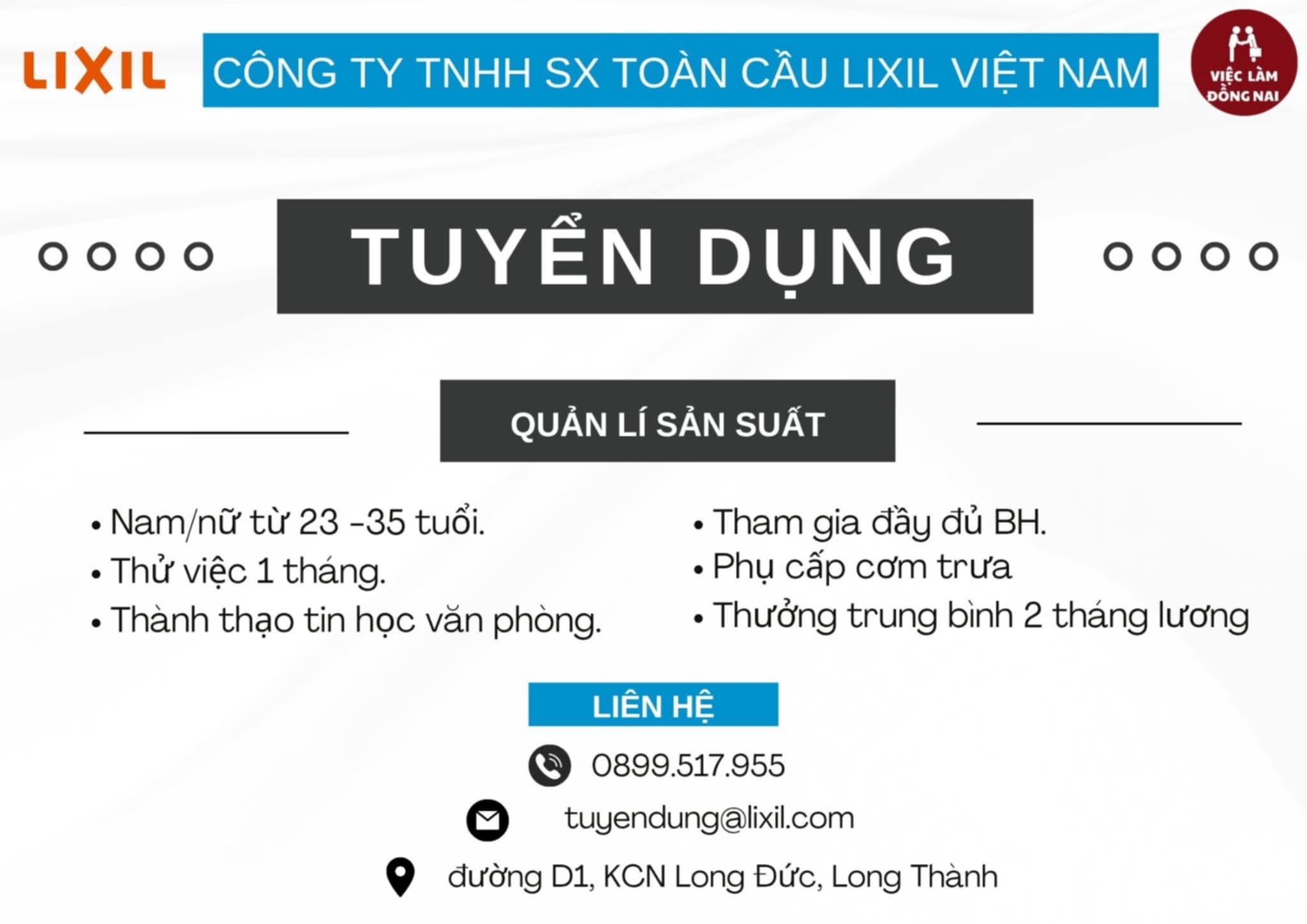 công ty TNHH sản xuất toàn cầu lixil việt nam
công ty có 100% vốn nhật bản
chuyên sản xuất các sản phẩm liên quan kim loại nhôm image