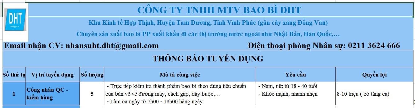 công ty TNHH mtv bao bì dht.
chuyên sản xuất bao bì pp xuất khẩu đi các nước như nhật bản, hàn quốc.. image