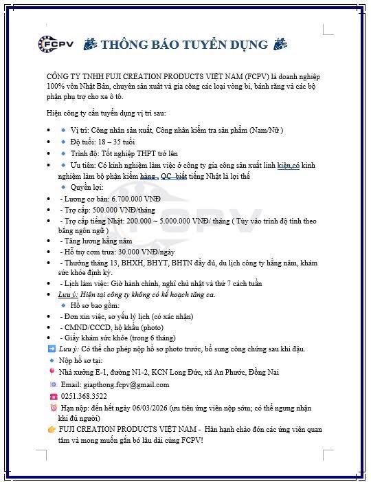 công ty TNHH fuji creation products việt nam
công ty có 100% vốn nhật bản
chuyên sản xuất vòng bi, bánh răng image