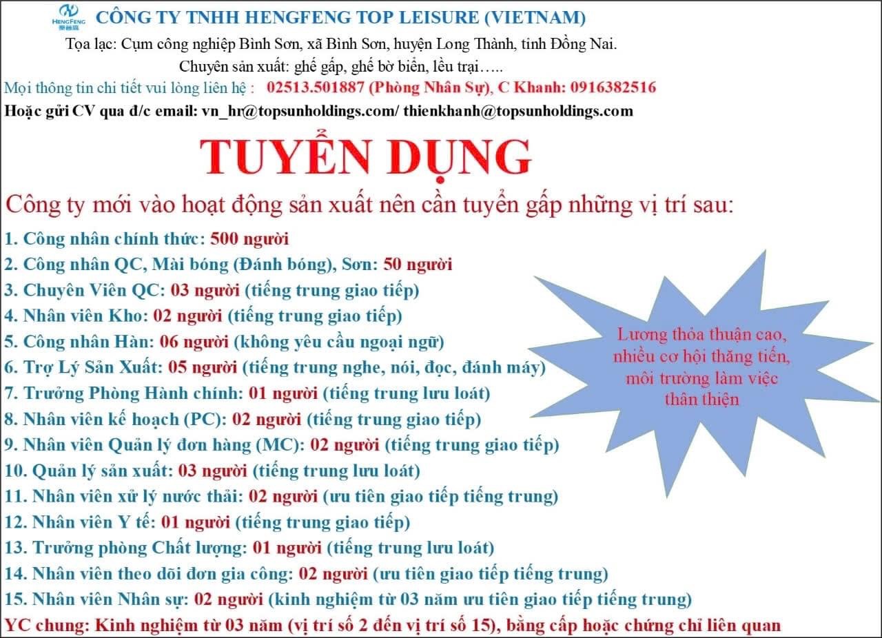 công ty TNHH hengfeng top leisure việt nam.
công ty có 100% vốn trung quốc.
chuyên sản xuất ghế gấp, ghế bờ biển, lều trại image