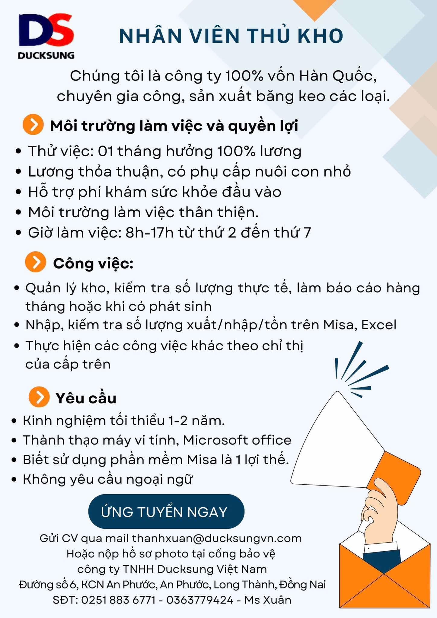 công ty TNHH ducksung việt nam
công ty có 100% vốn hàn quốc
chuyên sản xuất băng keo các loại image