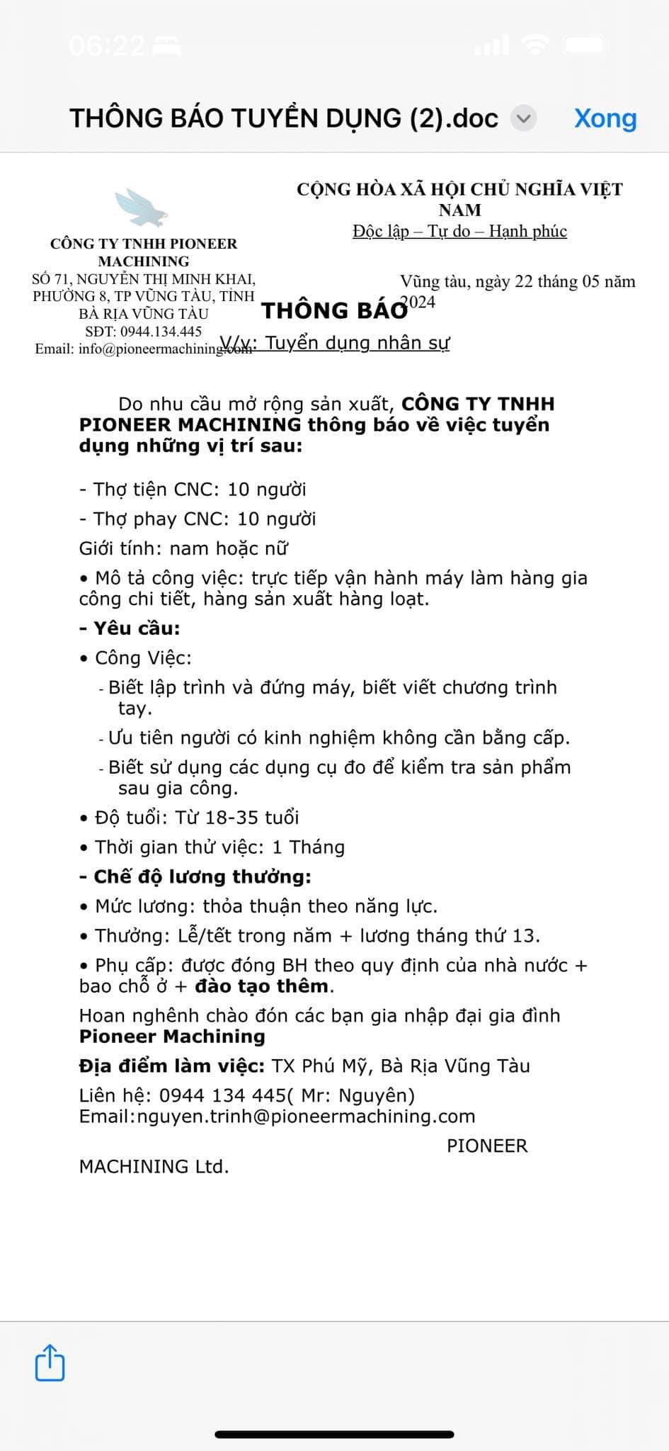 công ty TNHH pioneer machining hình ảnh tuyển dụng