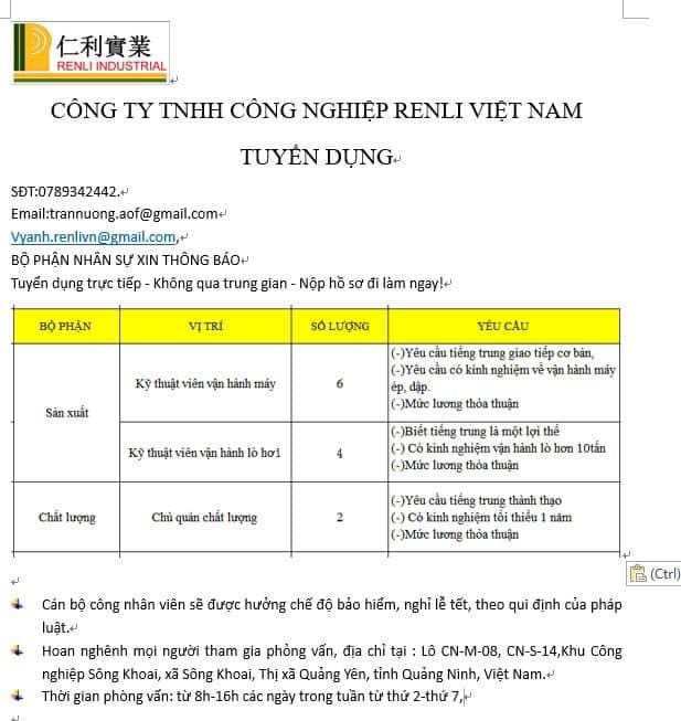 công ty TNHH công nghiệp renli việt nam hình ảnh tuyển dụng