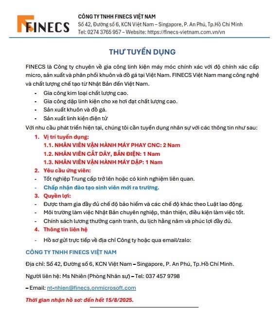 công ty TNHH finecs việt nam
công ty có 100%  vốn nhật bản
chuyên gia công sản xuất đồ gá, khuôn kim loại image