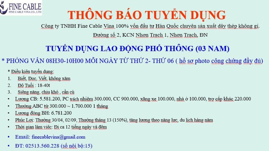 công ty TNHH fine cable vina
công ty có 100% vốn hàn quốc
chuyên sản xuất dây thép không rỉ. image