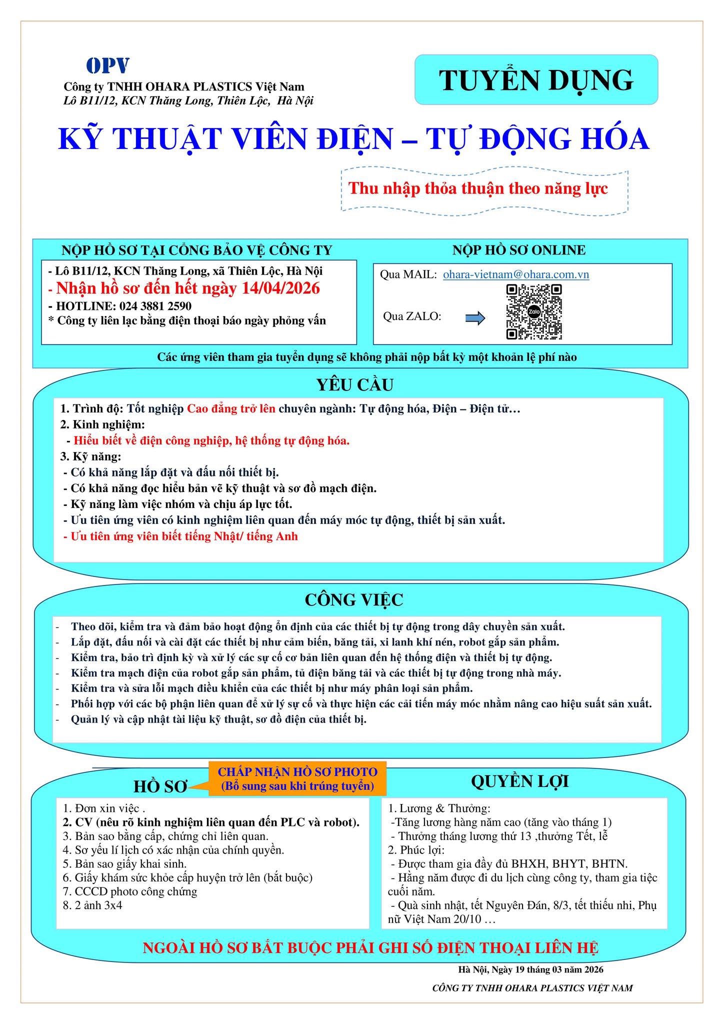 công ty TNHH ohara platics việt nam hình ảnh tuyển dụng