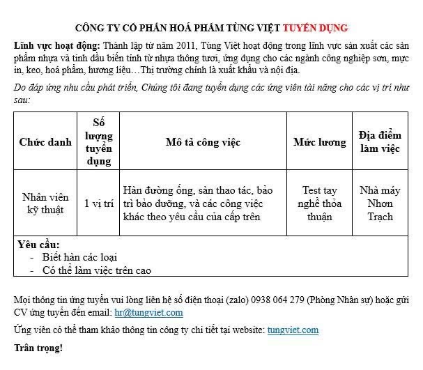 công ty cổ phần hoá phẩm tùng việt.
công ty chuyên sản xuất các sản phẩm nhựa, từ nguyên liệu nhựa thông. image