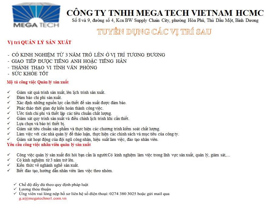 công ty TNHH mega tech vietnam hcmc
công ty có 100% vốn hàn quốc.
chuyên sản xuất linh kiện điện tử.
 image