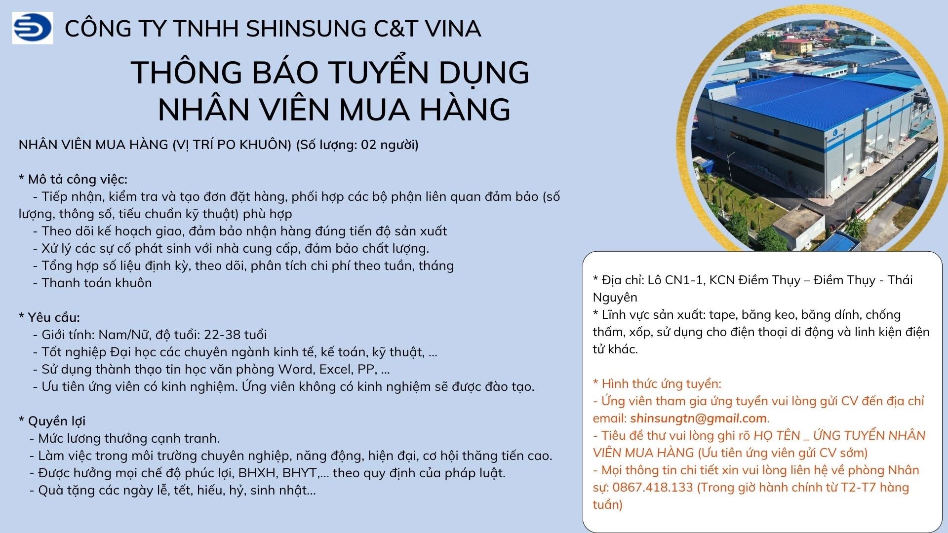 công ty TNHH shinsung t&c vina
công ty có 100% vốn hàn quốc
chuyên sản xuất băng keo, băng dính, xốp image