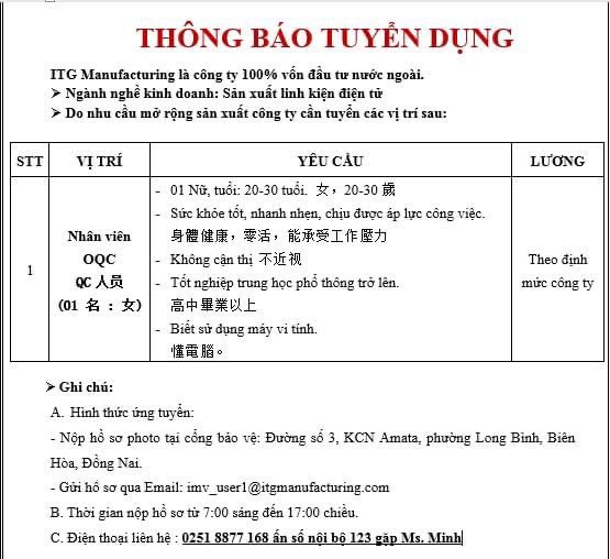 công ty TNHH itg manufacturing 
công ty có 100% vốn nước ngoài
chuyên sản xuất linh kiện điện tử image