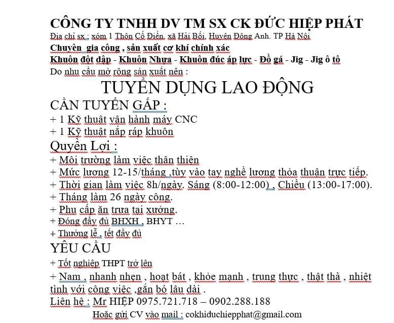 công ty TNHH dịch vụ thương mại sản xuất đức hiệp phát hình ảnh tuyển dụng