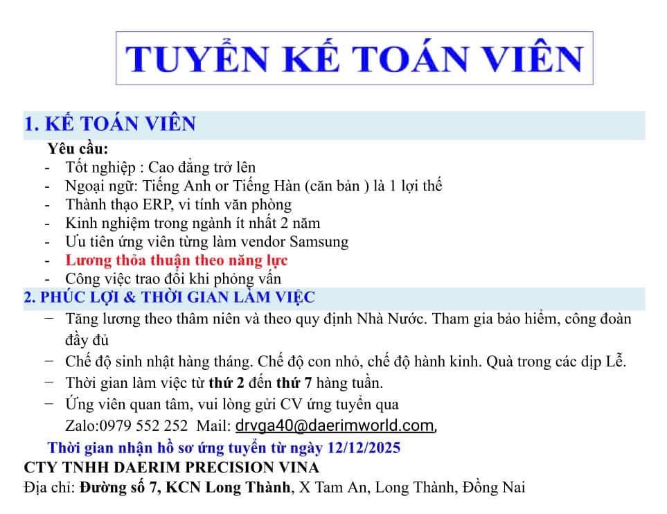 công ty TNHH daerim precission vina
công ty có 100% vốn hàn quốc.
chuyên sản xuất đầu nối thép cọc bê tông image