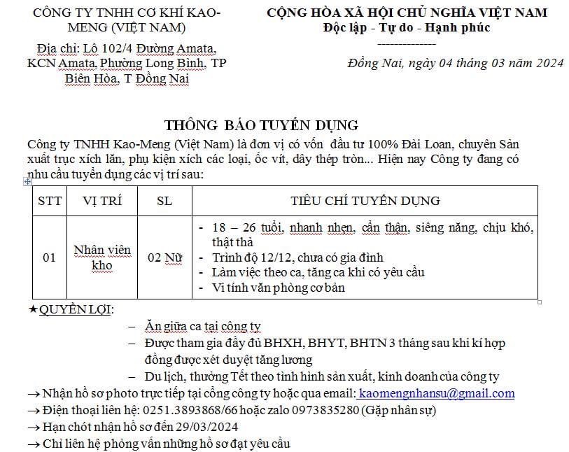 công ty TNHH cơ khí kaomeng việt nam
công ty có 100% vốn đài loan
chuyên các loại ốc vít, dây thép tròn..
 image