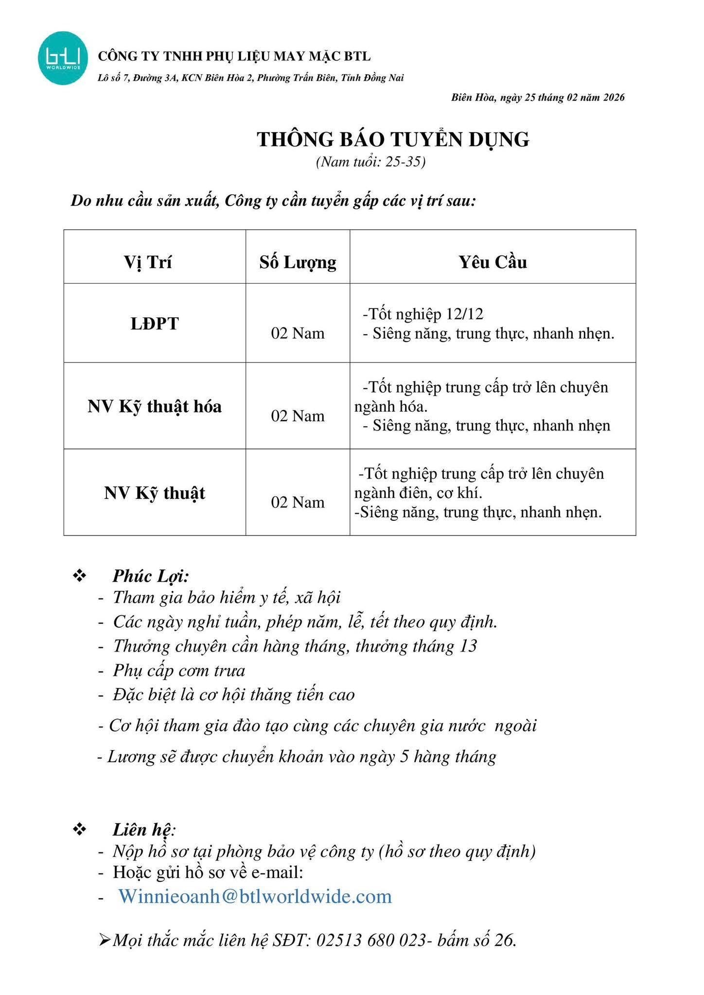 công ty TNHH phụ liệu may mặc btl
công ty có 100% vốn đài loan
chuyên sản xuất nguyên liệu ngành may mặc image