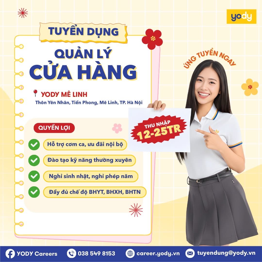 cửa hàng yody mê linh - hà nội
cửa hàng chuyên bán quần áo, giày đep thời trang yody. image