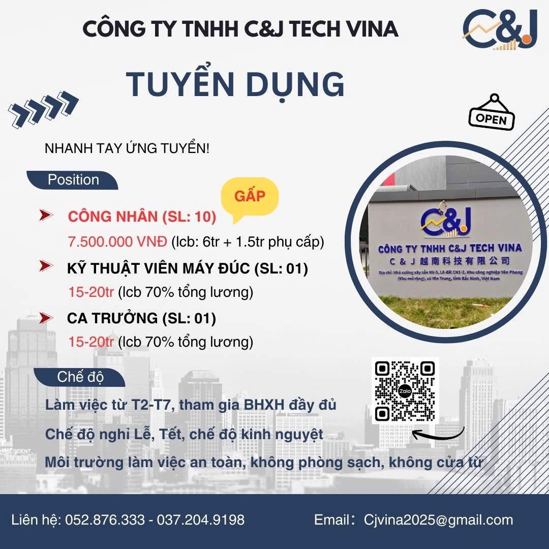 công ty TNHH c&j tech vina
công ty có 100% vốn hàn quốc
chuyên sản xuất linh kiện điện tử. image