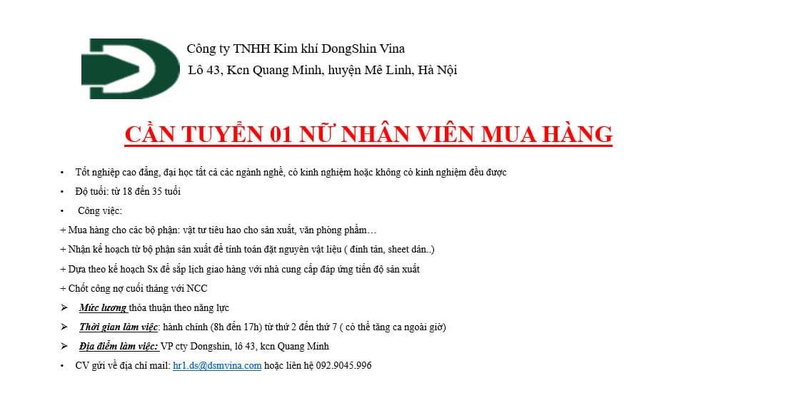 công ty TNHH kim khí dongshin vina hình ảnh tuyển dụng