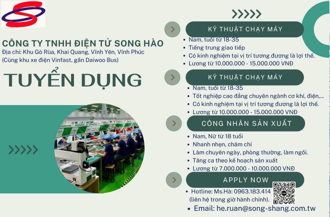 công ty TNHH điện tử song hào hình ảnh tuyển dụng