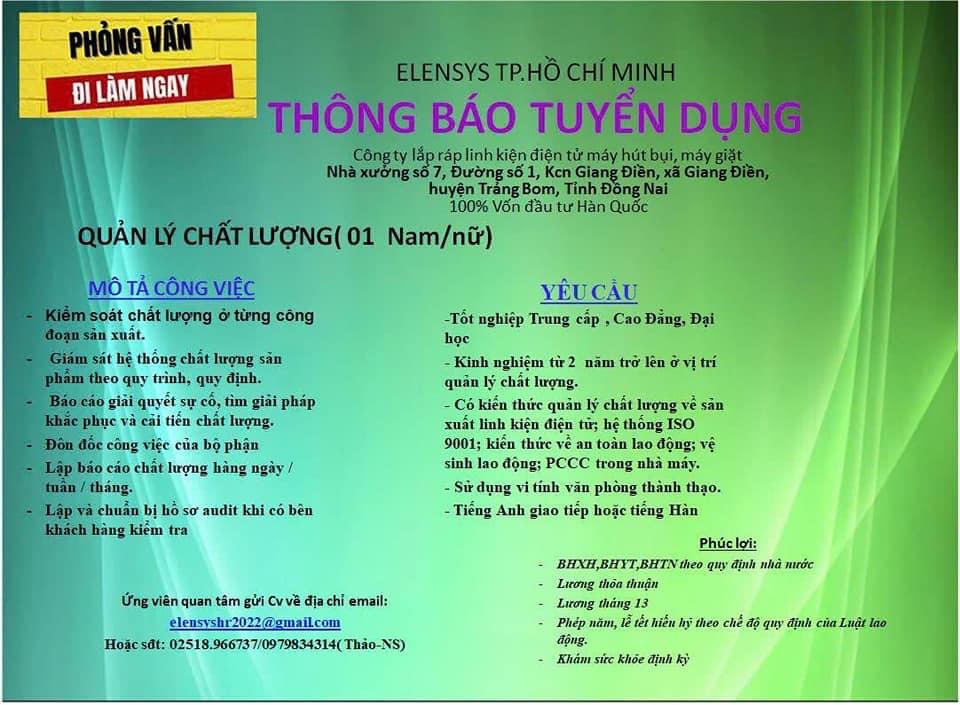 công ty TNHH elensys tp hồ chí minh
công ty có 100% vốn hàn quốc
chuyên sản xuất lắp giáp linh kiện điện tử như máy: hút bụi, máy giặt.. image