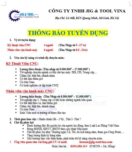 công ty TNHH jig&tool vina hình ảnh tuyển dụng