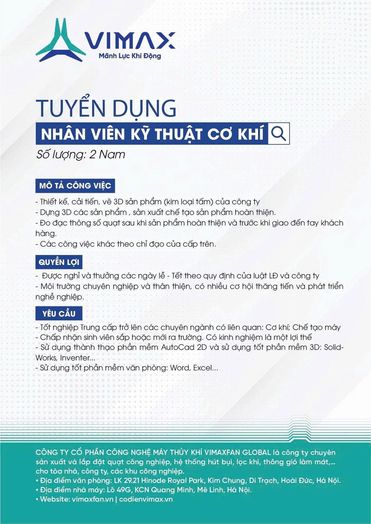 công ty cổ phần công nghệ máy thuỷ khí vimaxfan global hình ảnh tuyển dụng